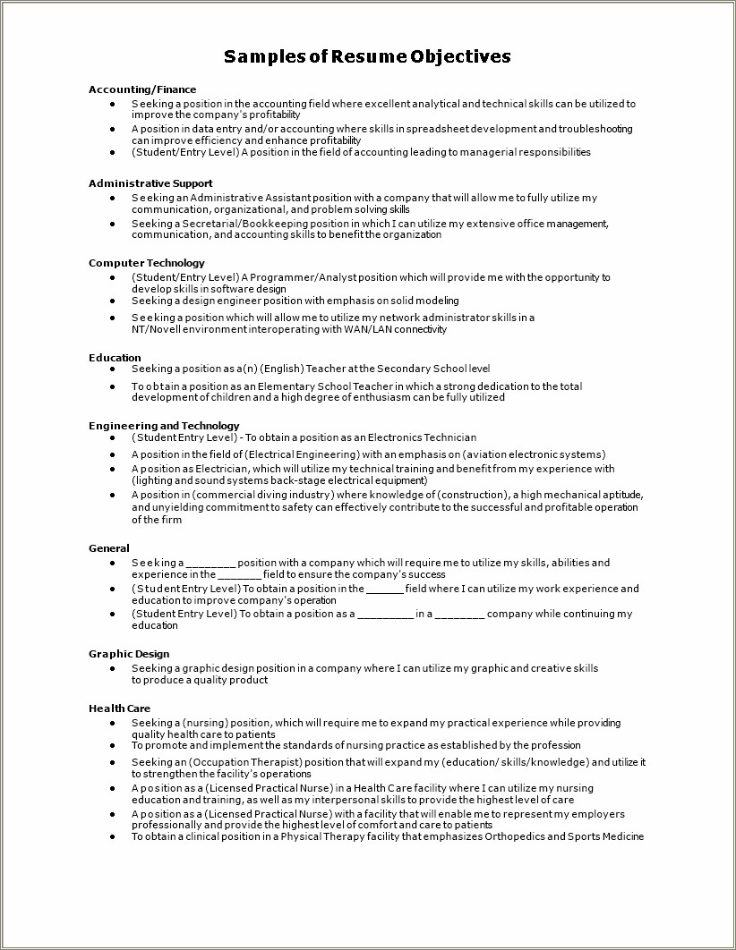 Sample Resume Objective Statements For Entry Level