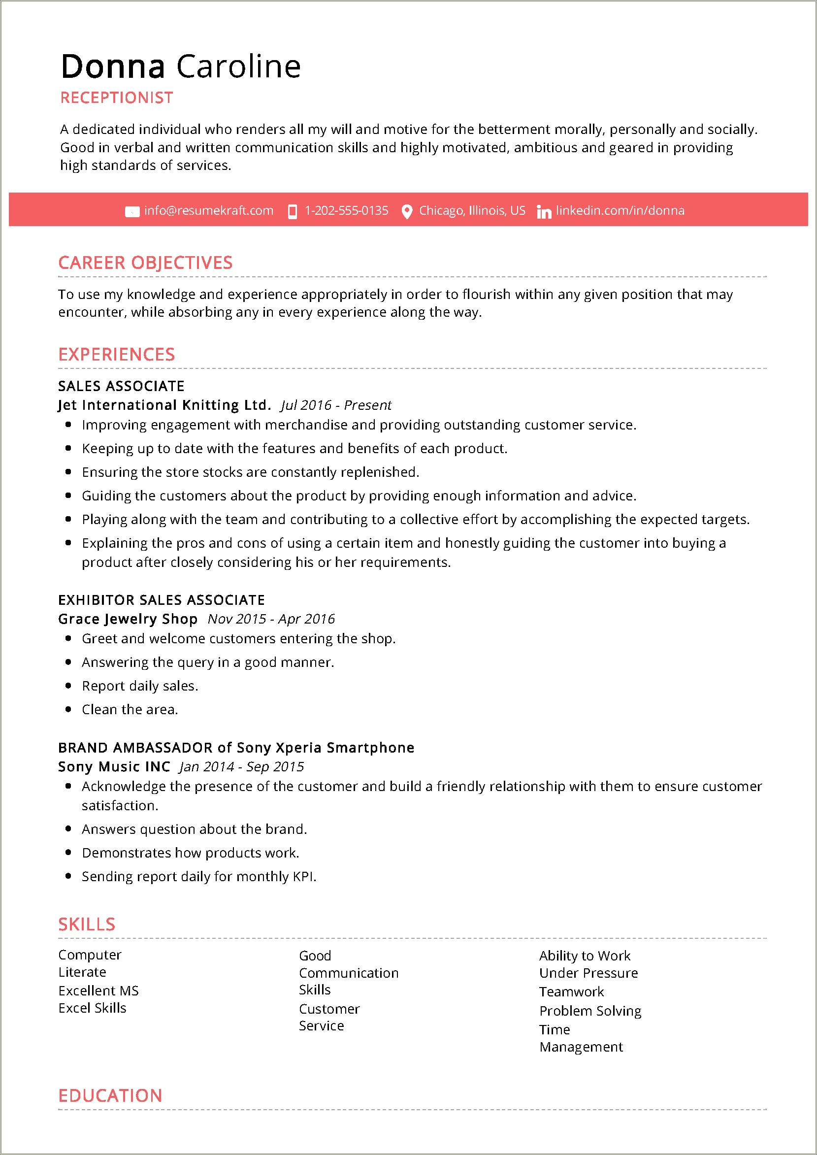 Sample Resume Objective Statements For Receptionist