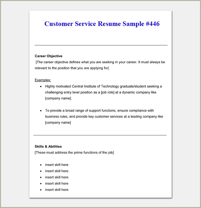 Sample Resume Objectives For Entry Level Customer Service