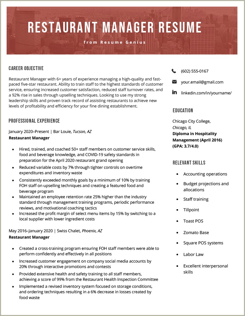 Sample Resume Objectives For Food Service Manager