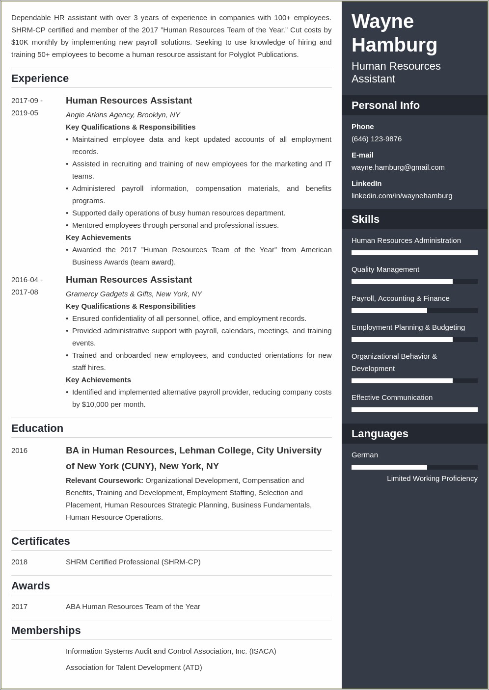 Sample Resume Objectives For Hr Assistant