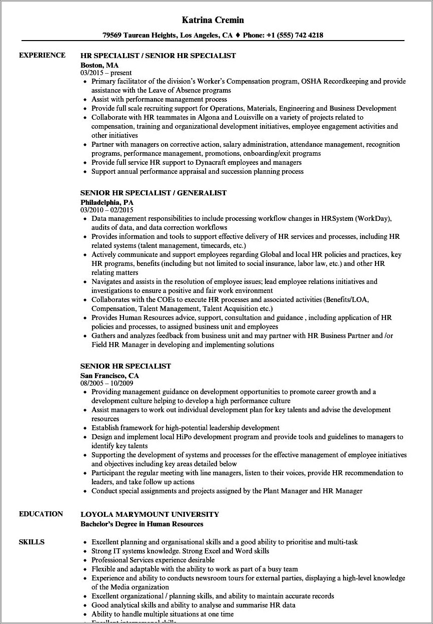 Sample Resume Objectives For Human Resources