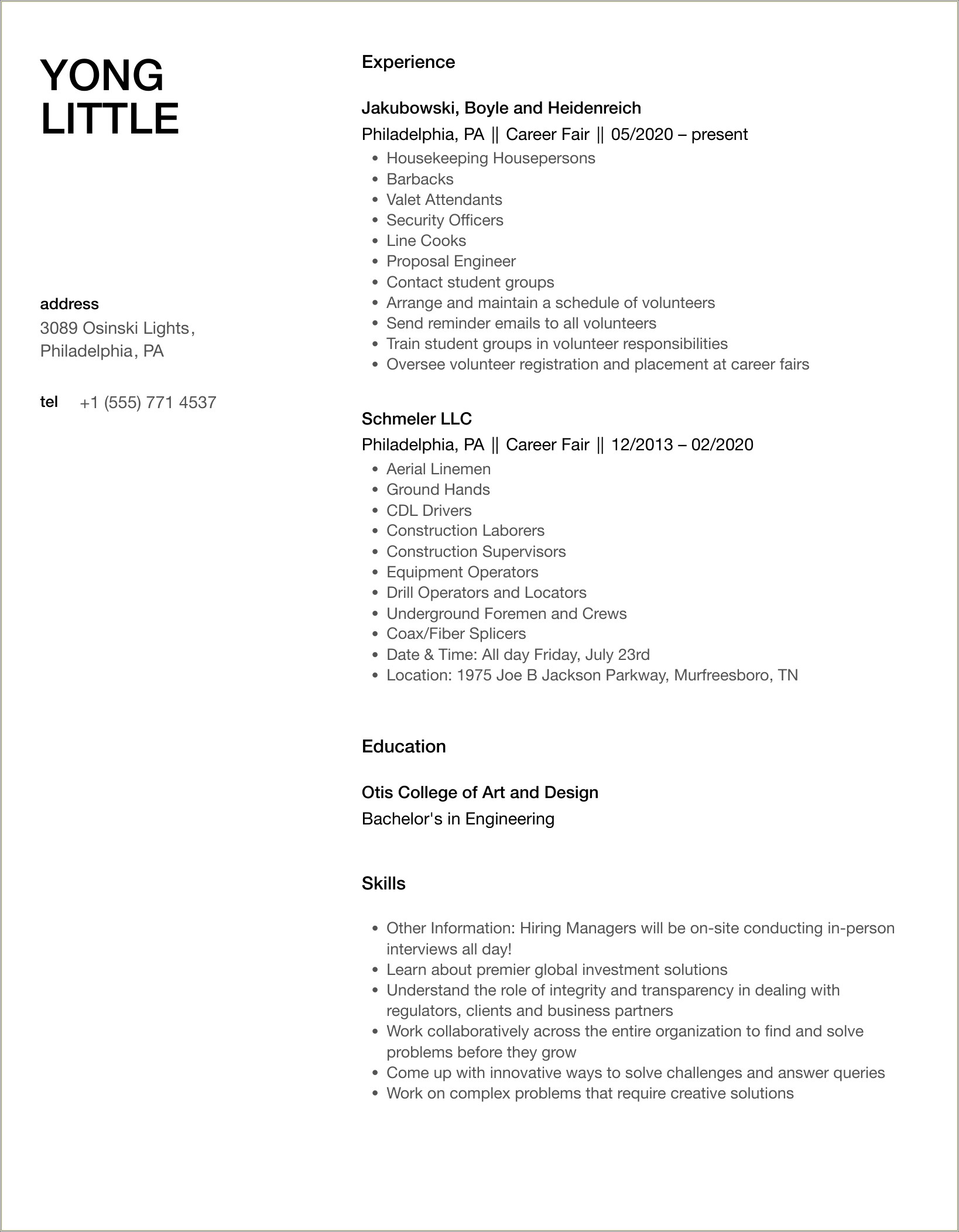 Sample Resume Objectives For Job Fair