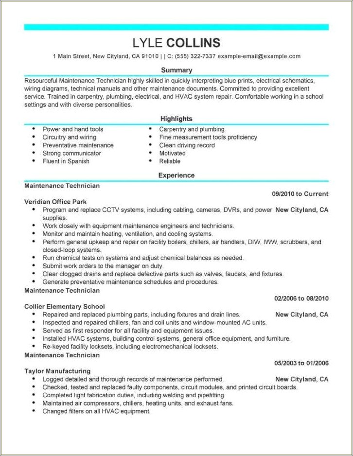 Sample Resume Objectives For Maintenance Technician
