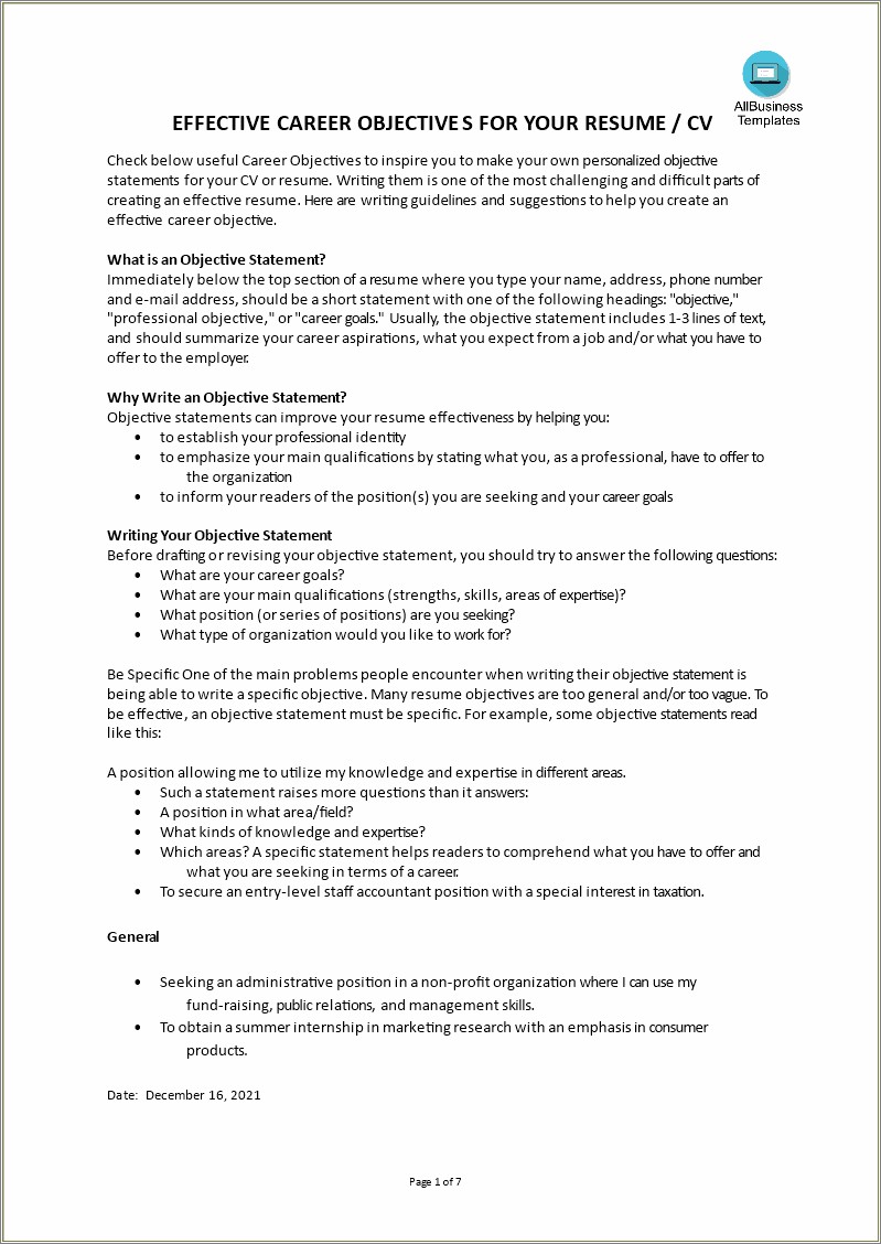 Sample Resume Objectives For Marketing Job