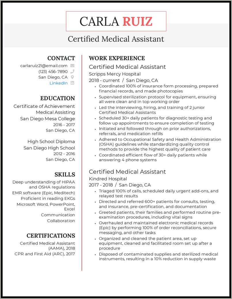 Sample Resume Objectives For Medical Field