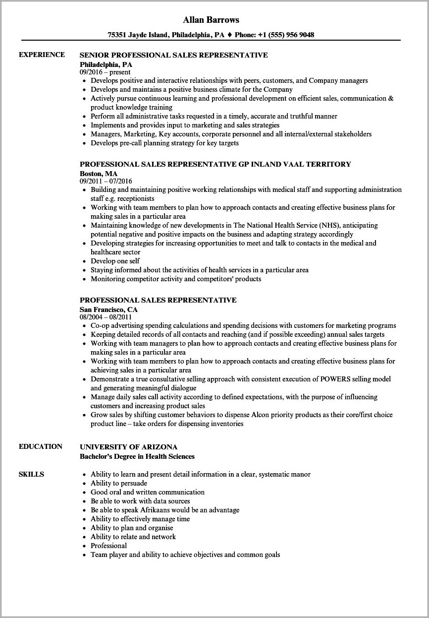 Sample Resume Objectives For Medical Representative