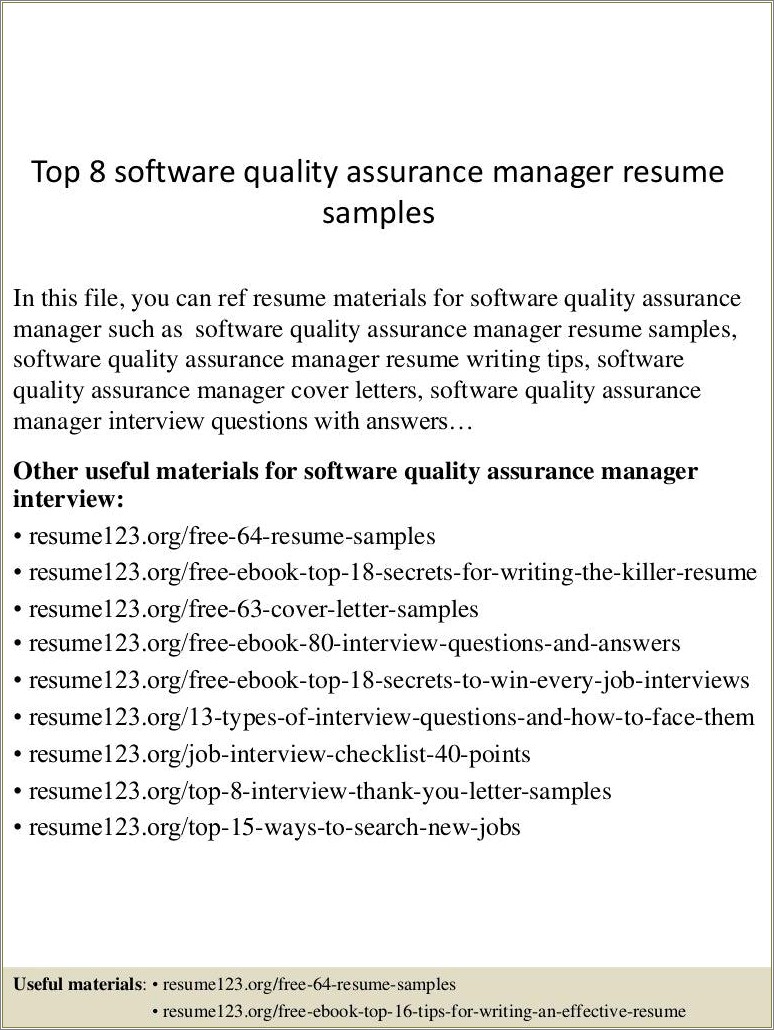 Sample Resume Objectives For Quality Assurance