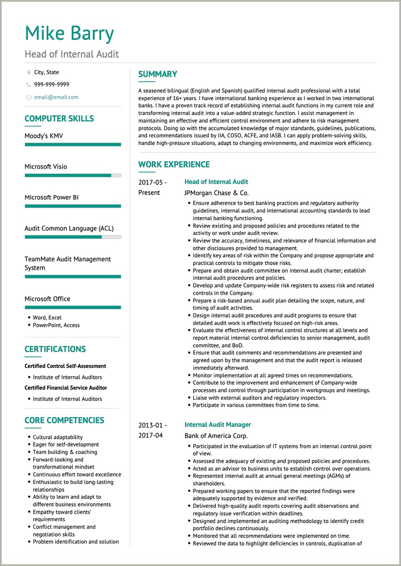 Sample Resume Of A Bank Auditor