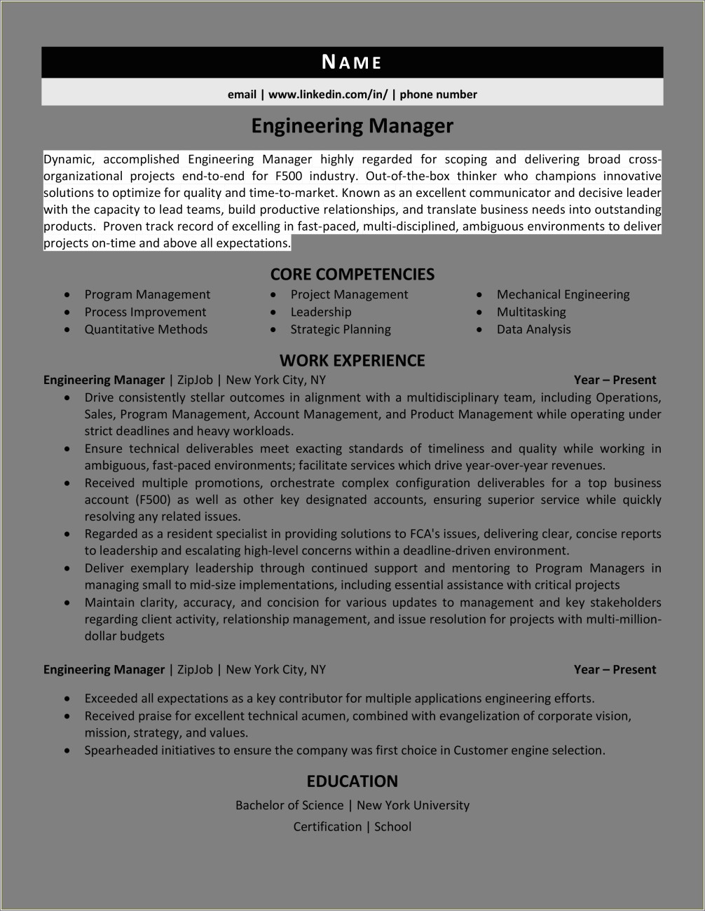 Sample Resume Of A Engineering Manager
