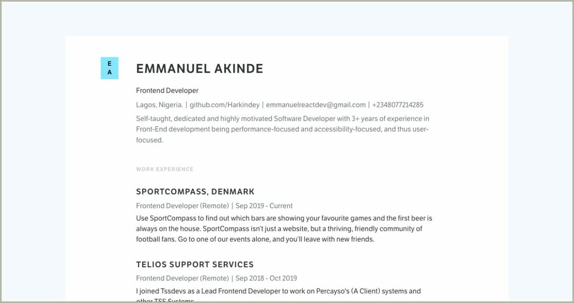 Sample Resume Of A Front End Developer