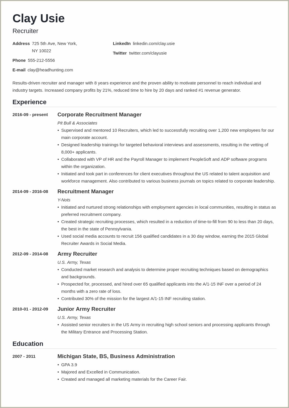 Sample Resume Of A Hr Recruiter