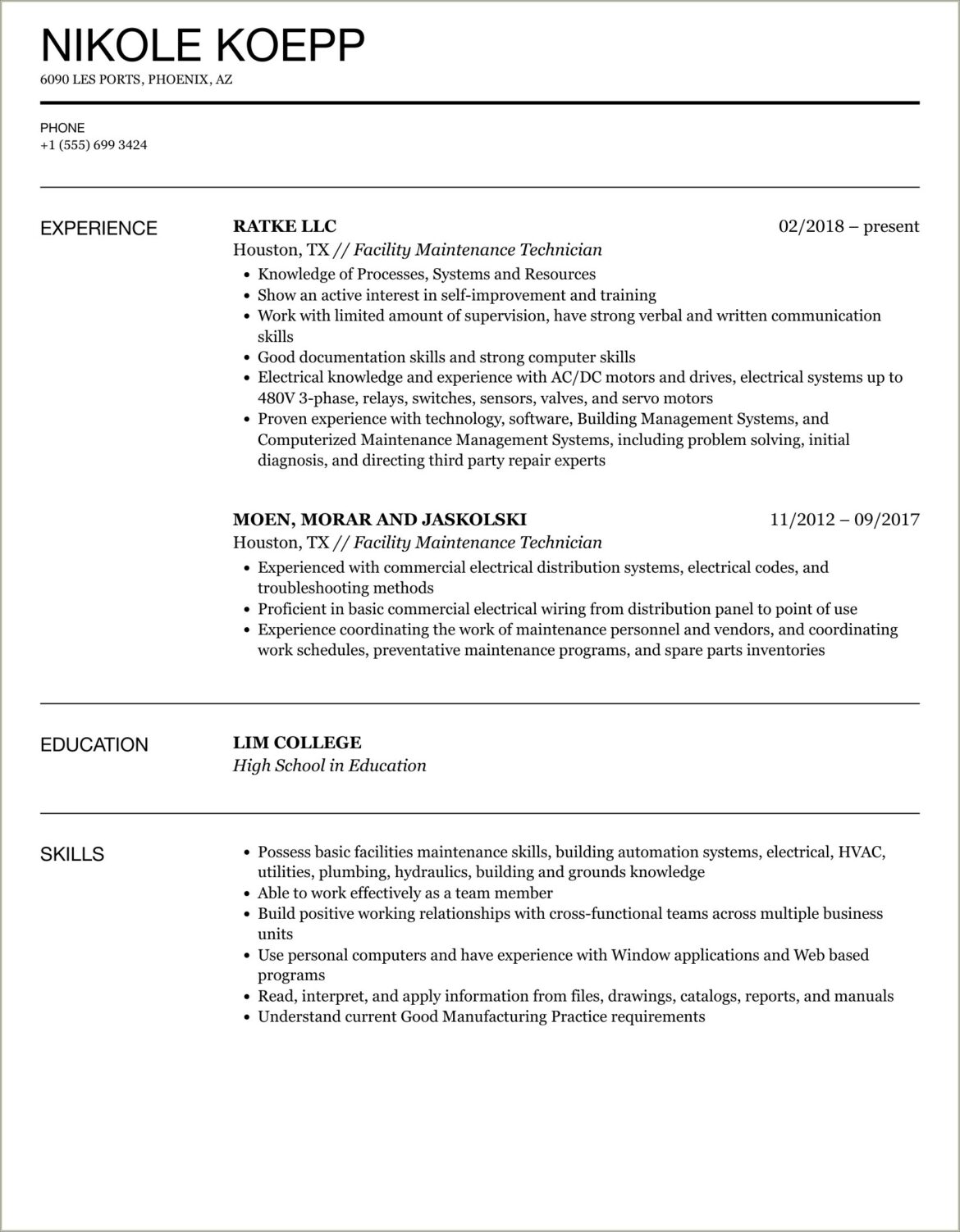 Sample Resume Of A Maintenance Technician