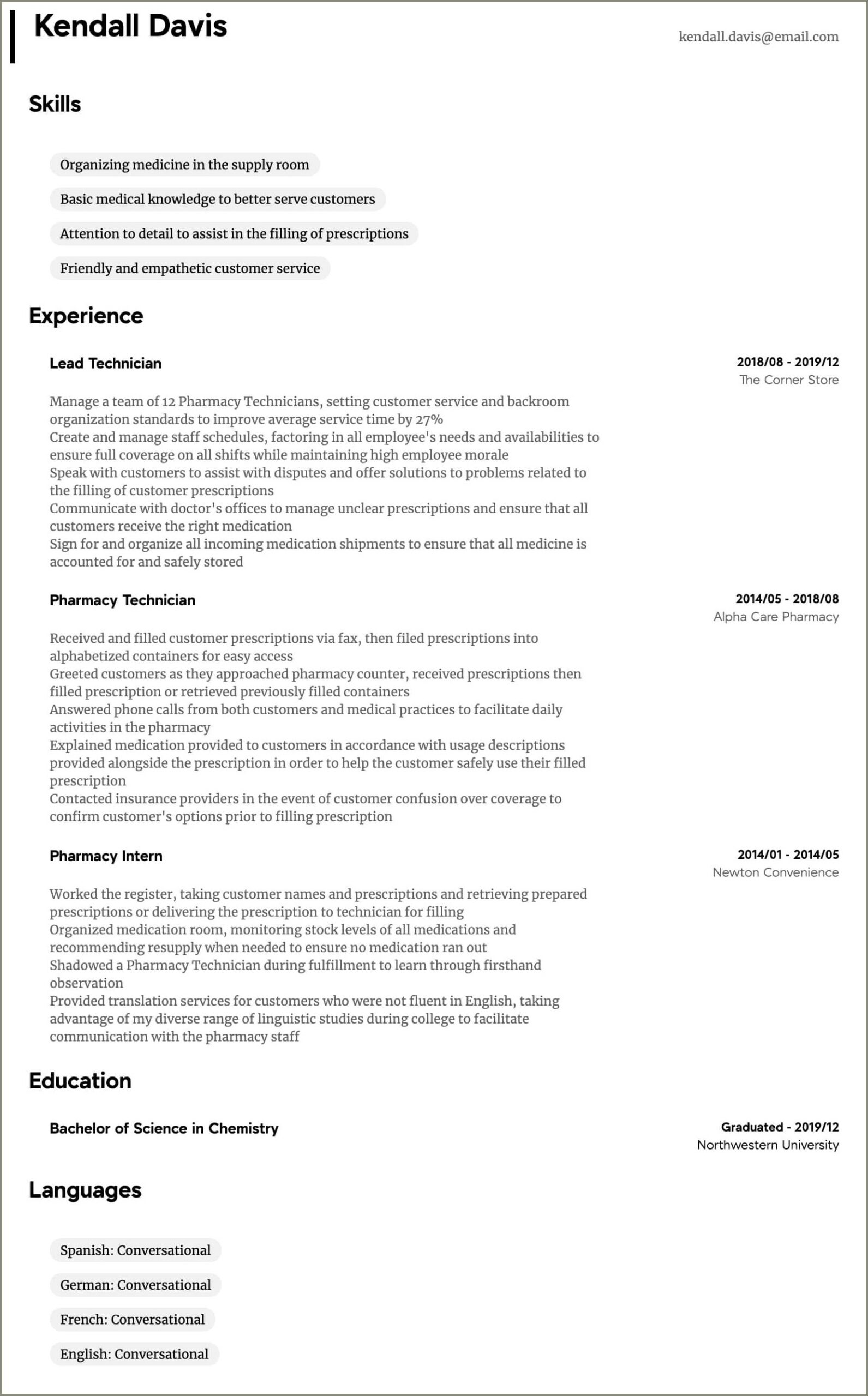 Sample Resume Of A Pharmacy Technician