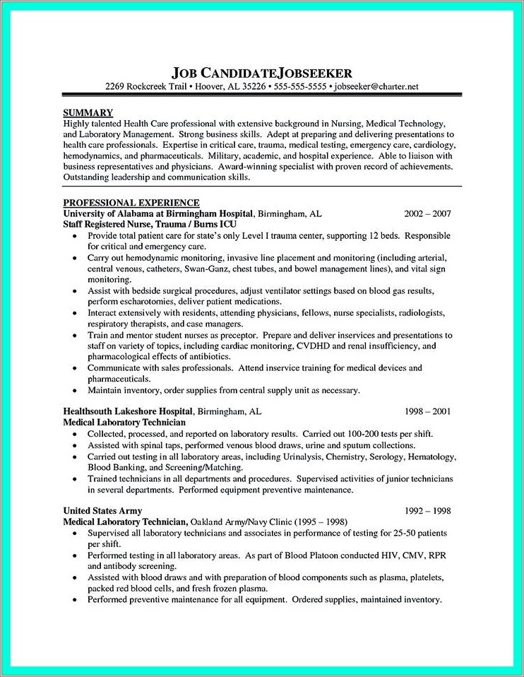 Sample Resume Of A Registered Medical Technologist