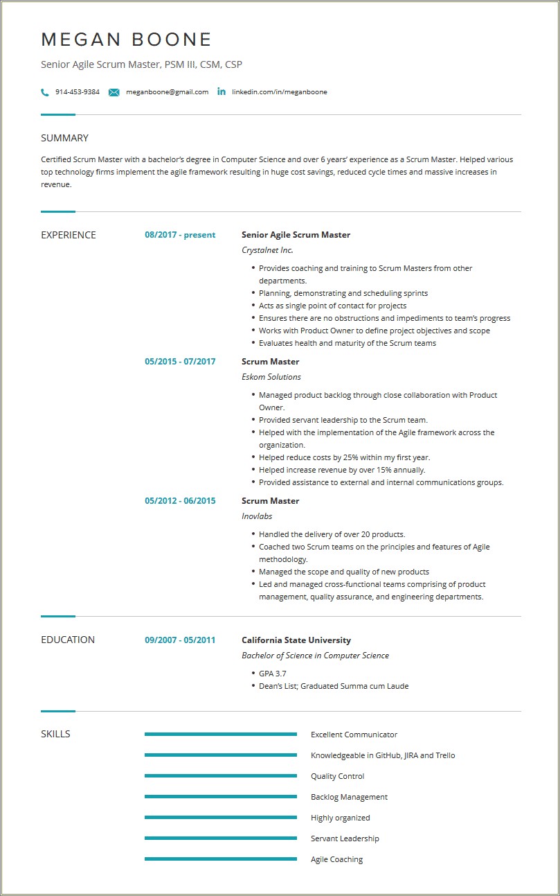 Sample Resume Of A Scrum Master