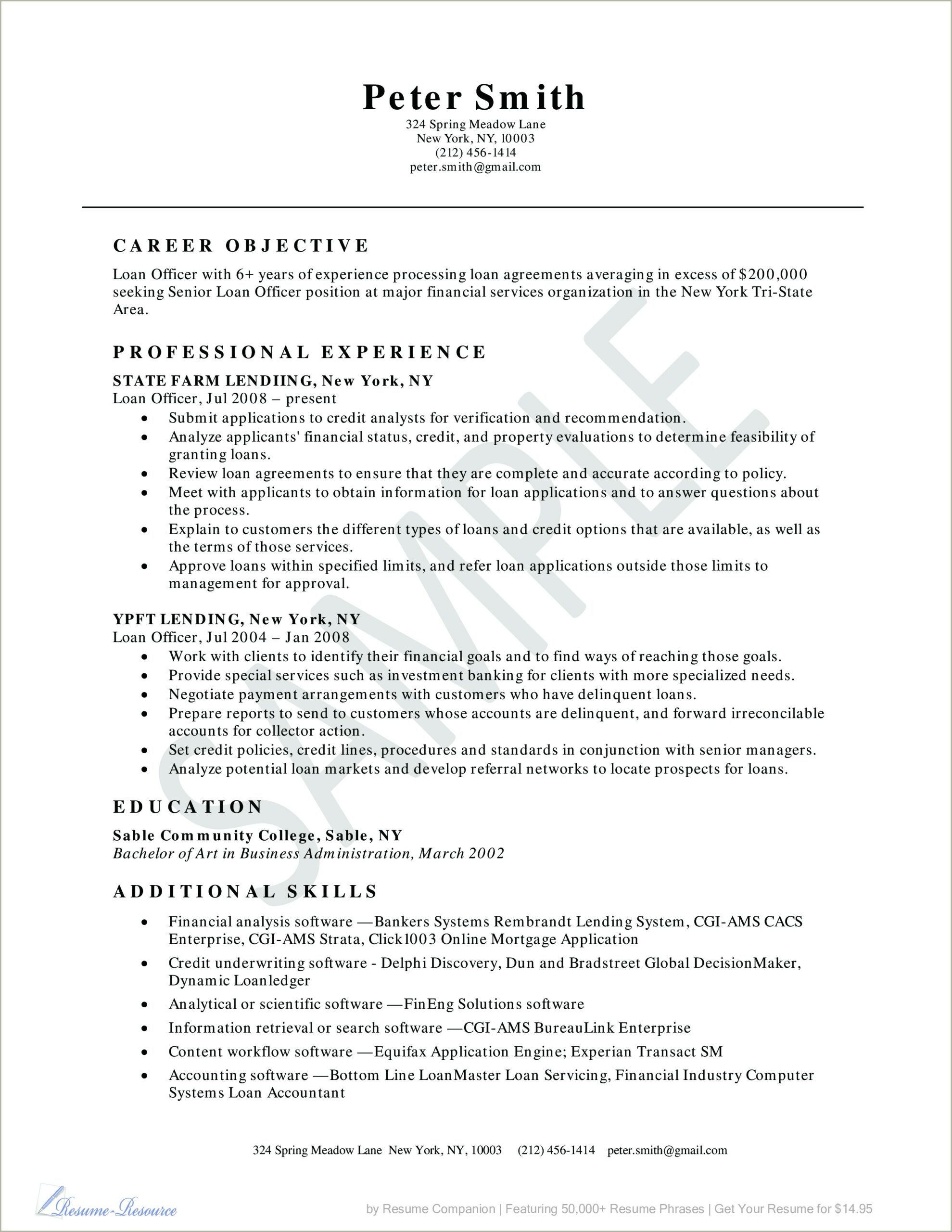 Sample Resume Of A Senior Mortgage Loans Officer