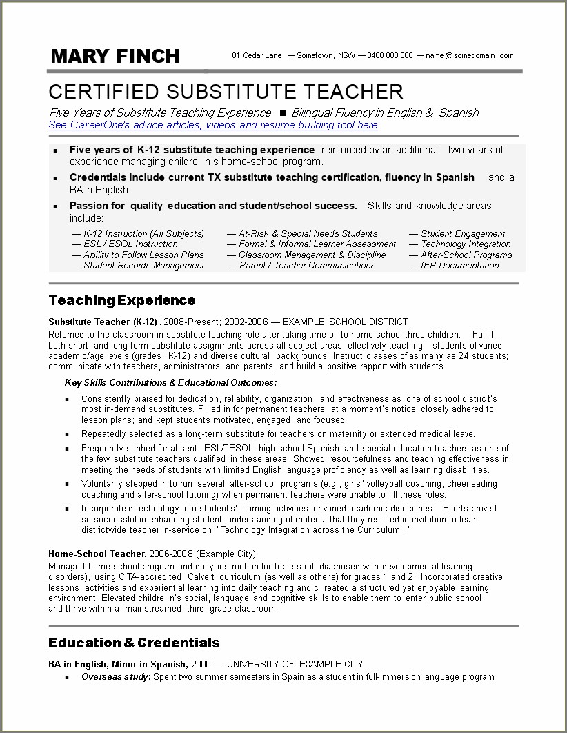 Sample Resume Of A Substitute Teacher