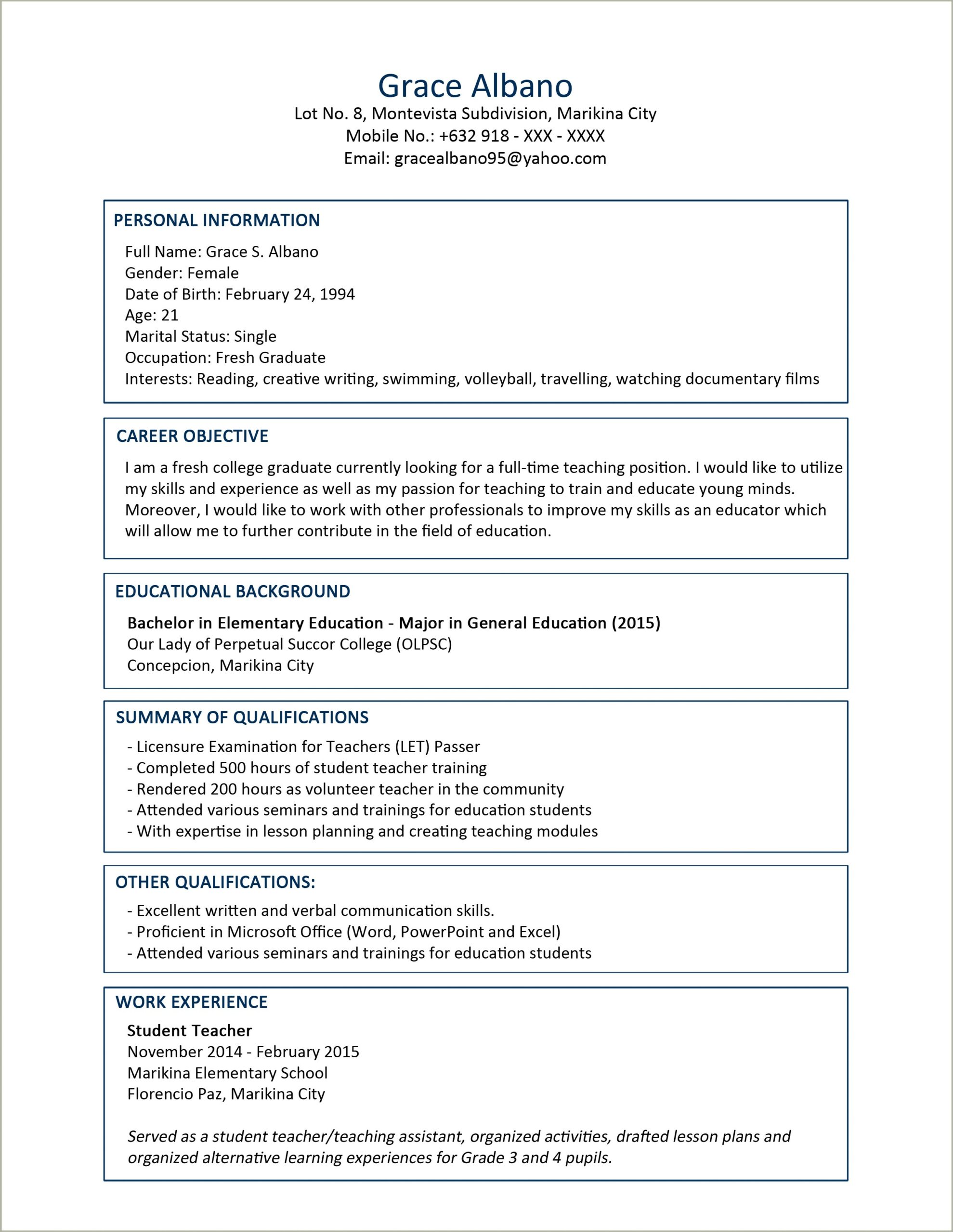 Sample Resume Of A Teacher Without Teaching Experience