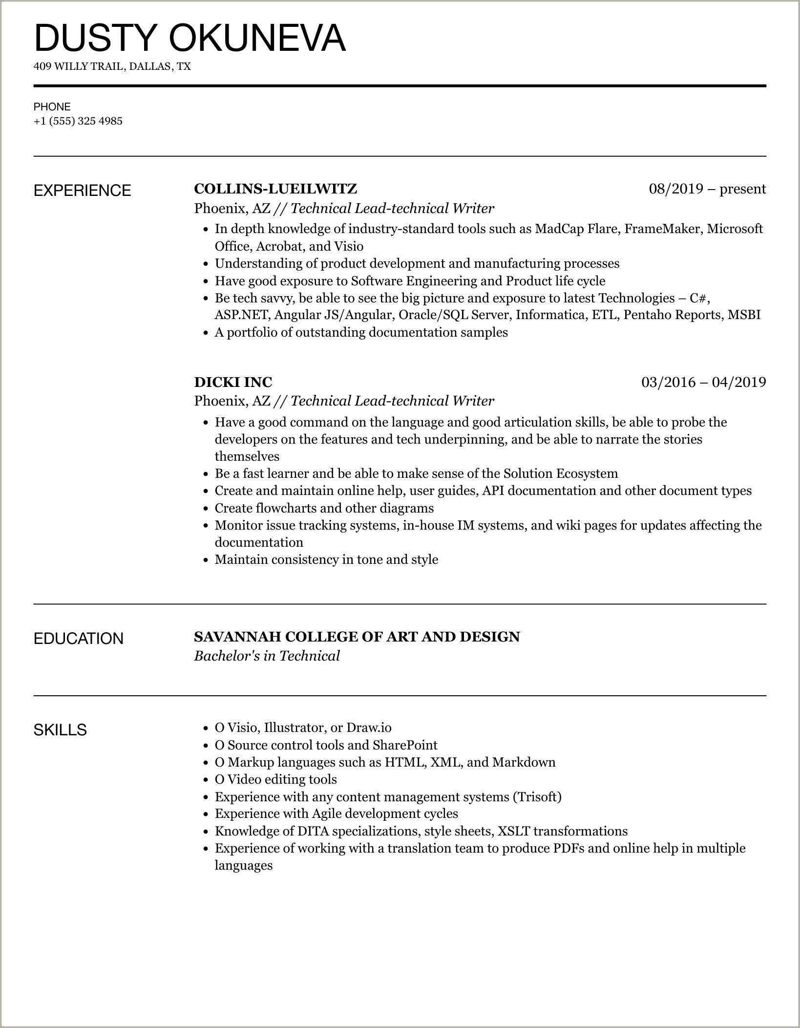 Sample Resume Of A Technical Writer