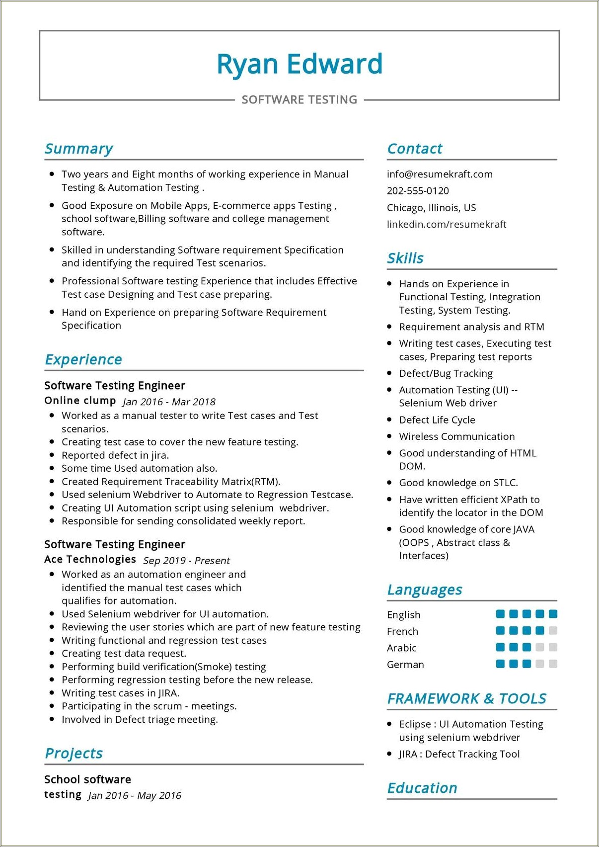 Sample Resume Of A Tester