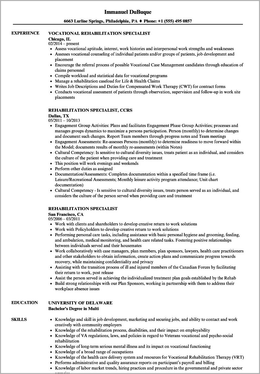 Sample Resume Of A Vocational Rehabilitation Counselor