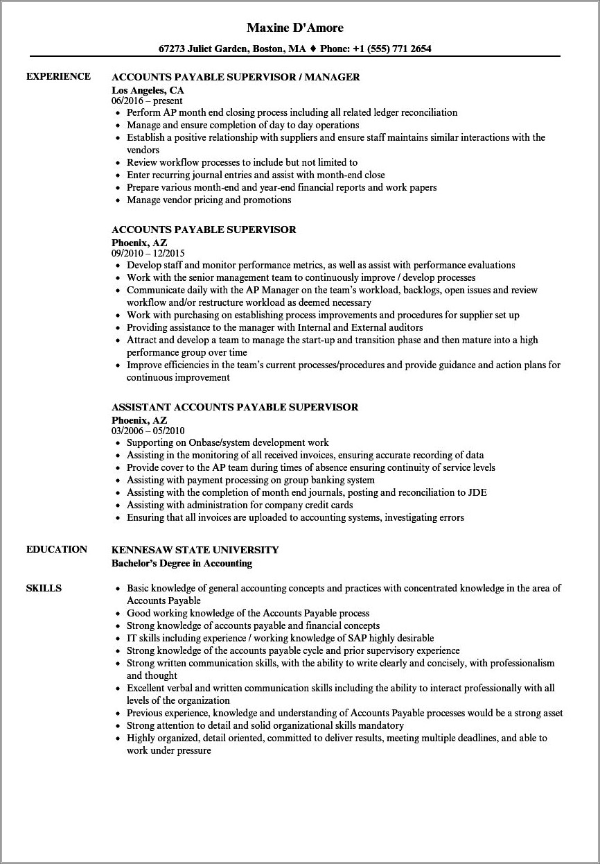 Sample Resume Of An Accounts Payable Specialist