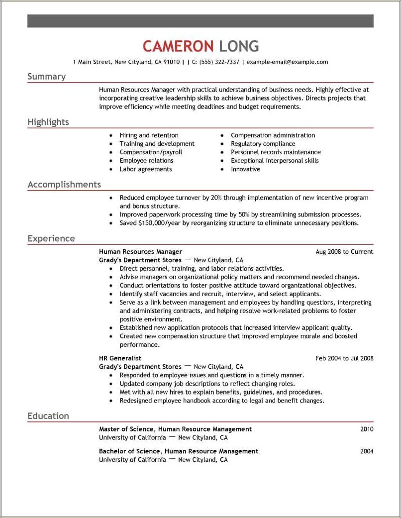 Sample Resume Of An Employee Relations Specialist