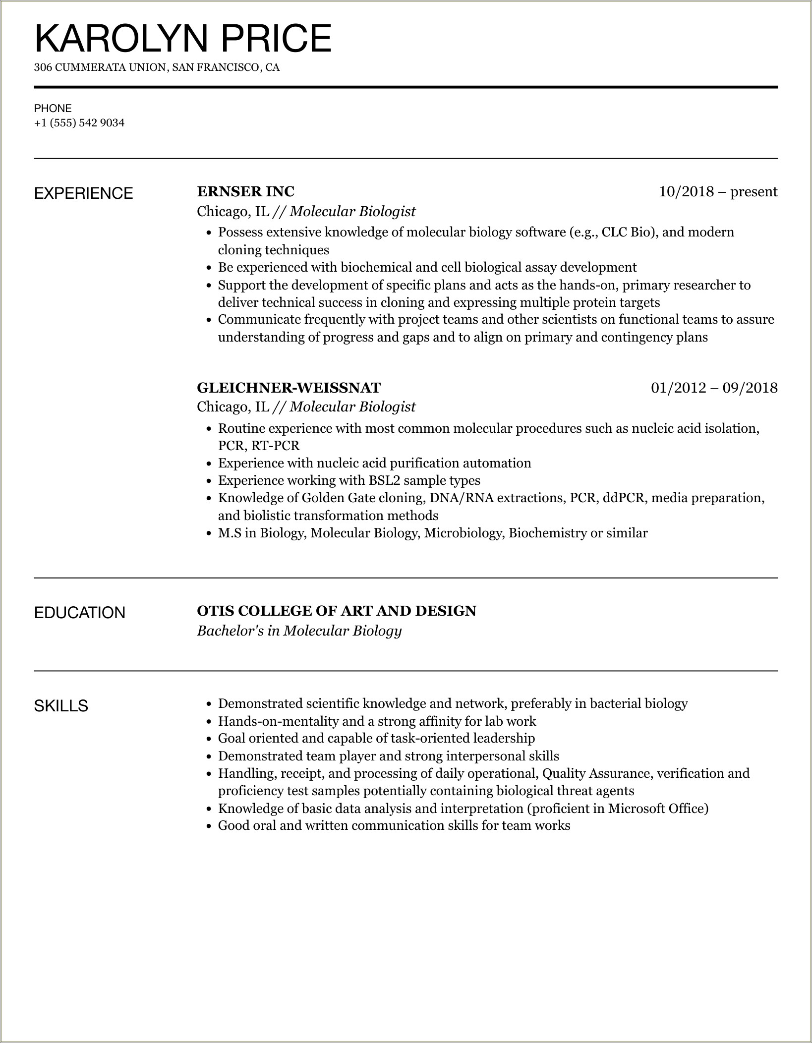 Sample Resume Of An Undergraduate Biochemistry Major