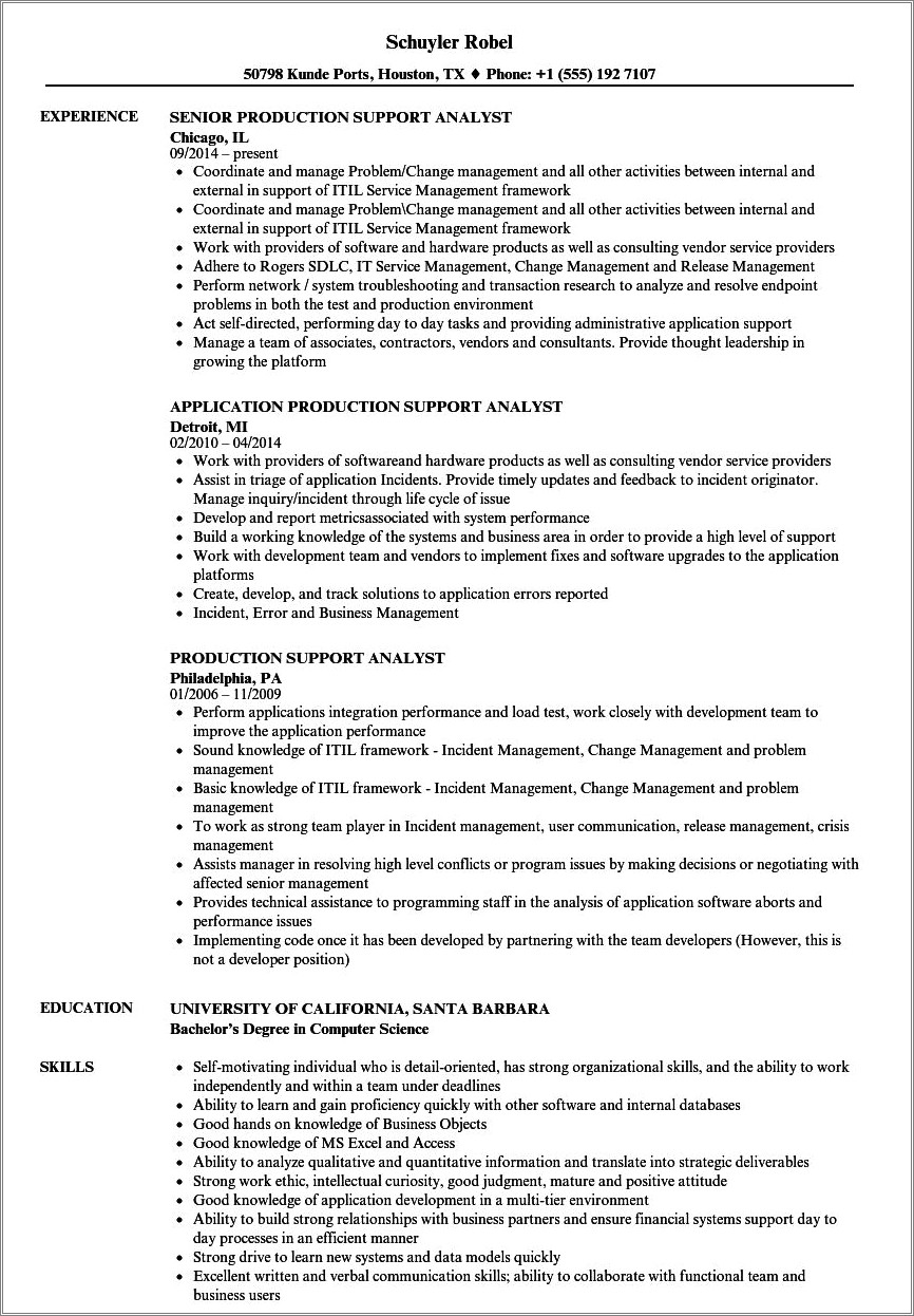 Sample Resume Of Application Support Analyst