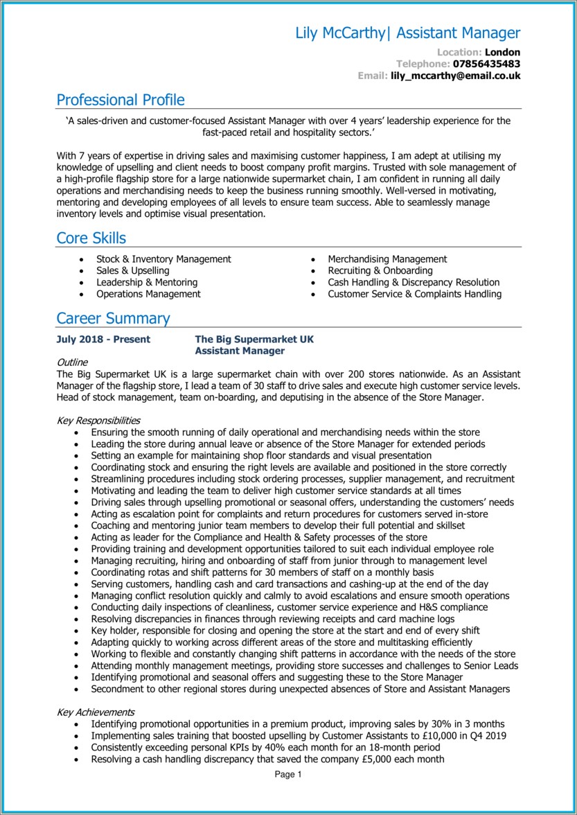 Sample Resume Of Assistant Manager Operations