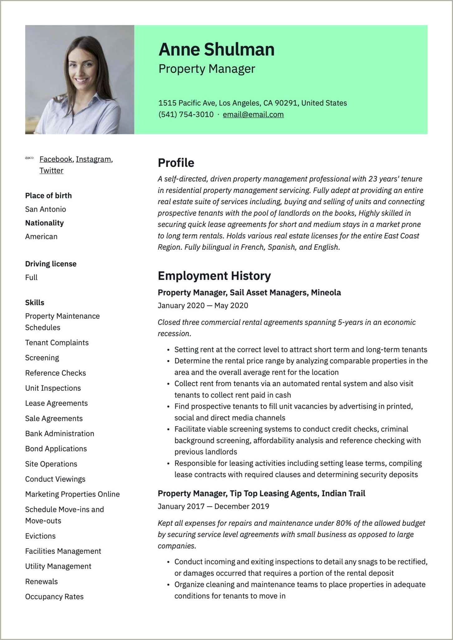 Sample Resume Of Assistant Property Manager