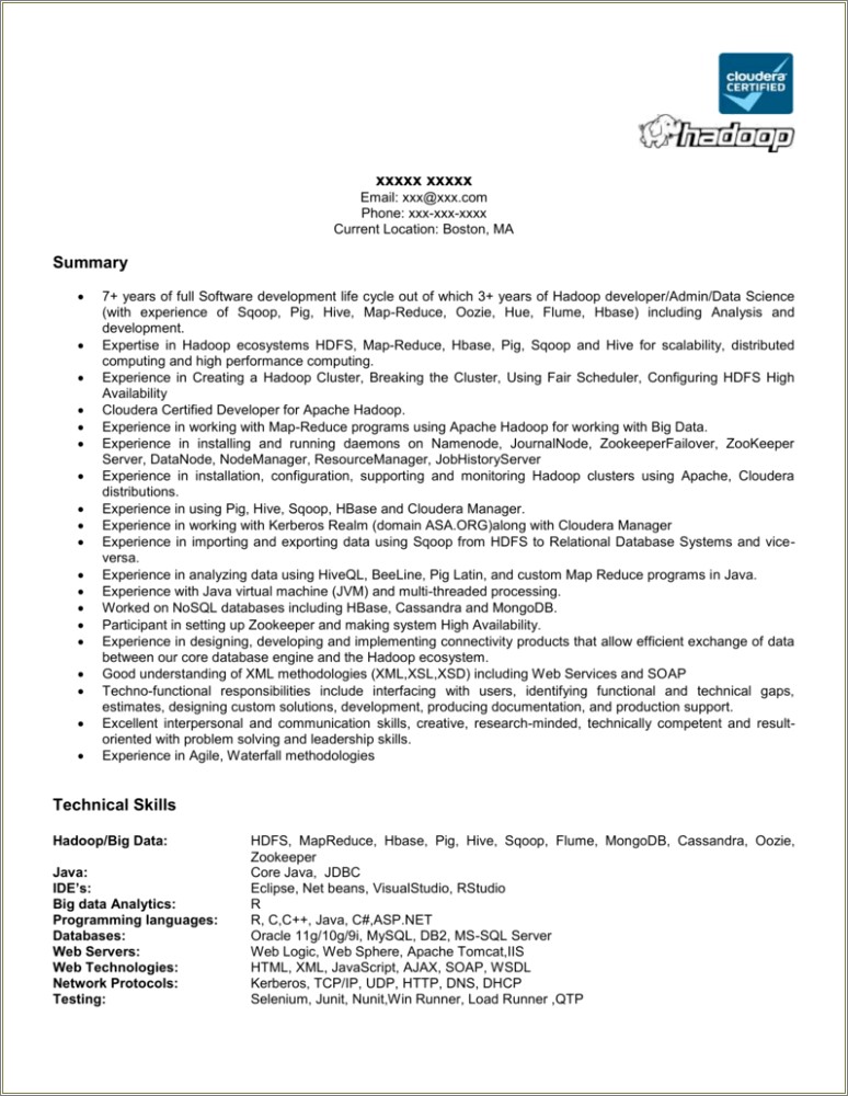 Sample Resume Of Big Data Hadoop Developer