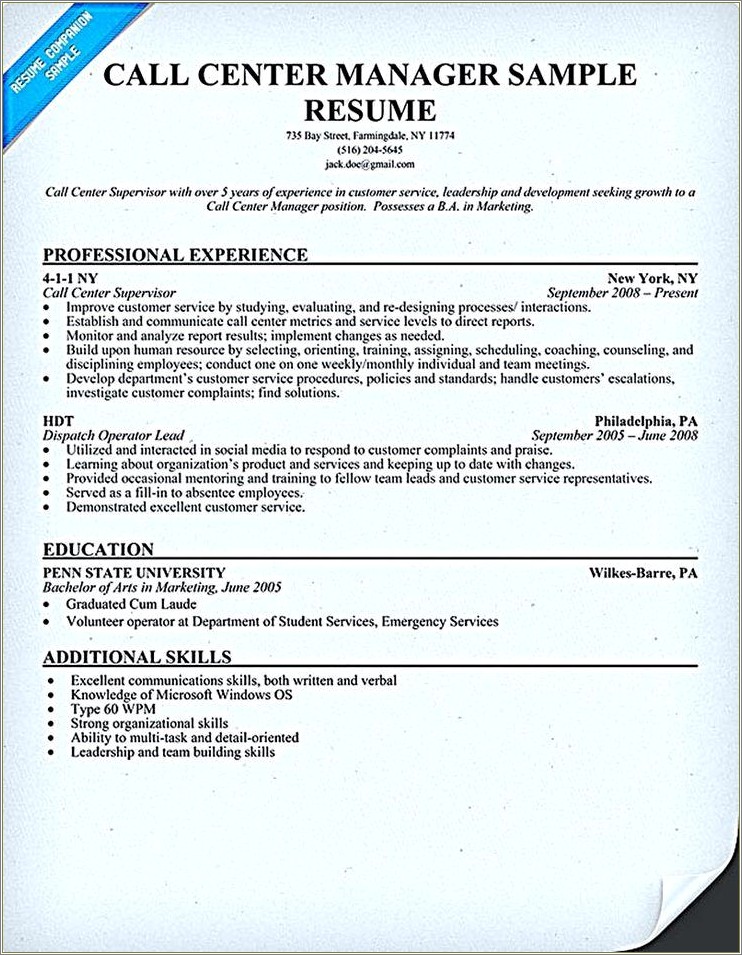 Sample Resume Of Call Center Manager