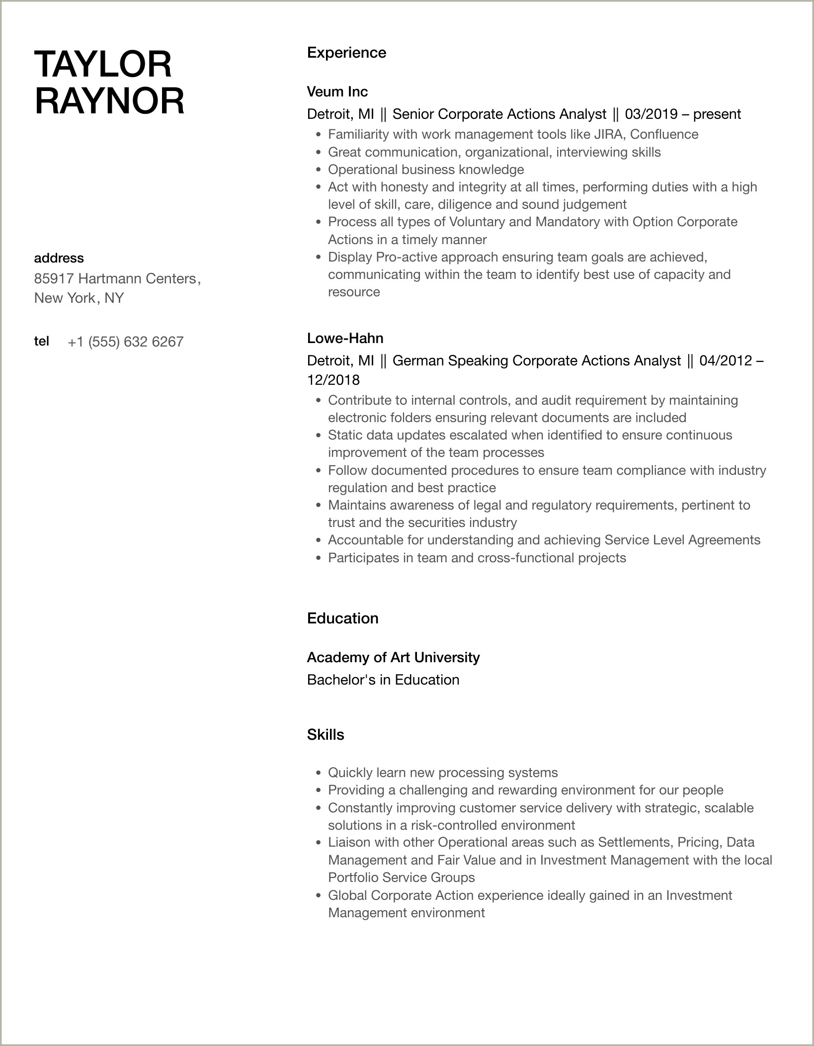 Sample Resume Of Corporate Actions Analyst