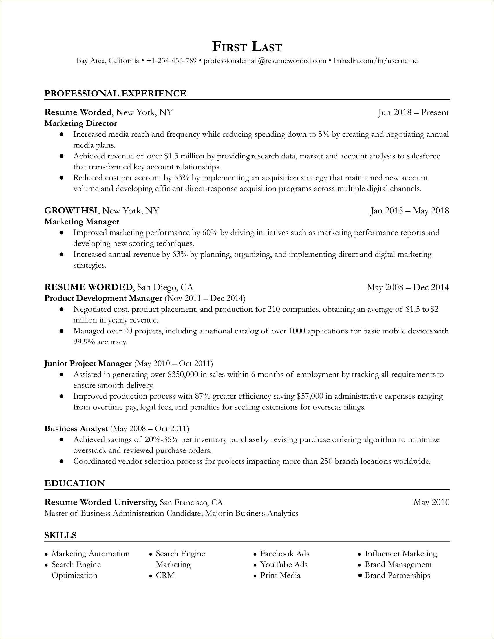 Sample Resume Of Director Of Sales & Marketing
