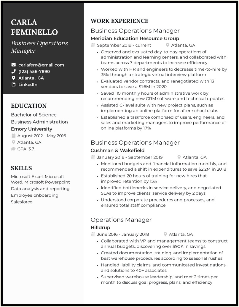 Sample Resume Of Experience Finance Operations Manager