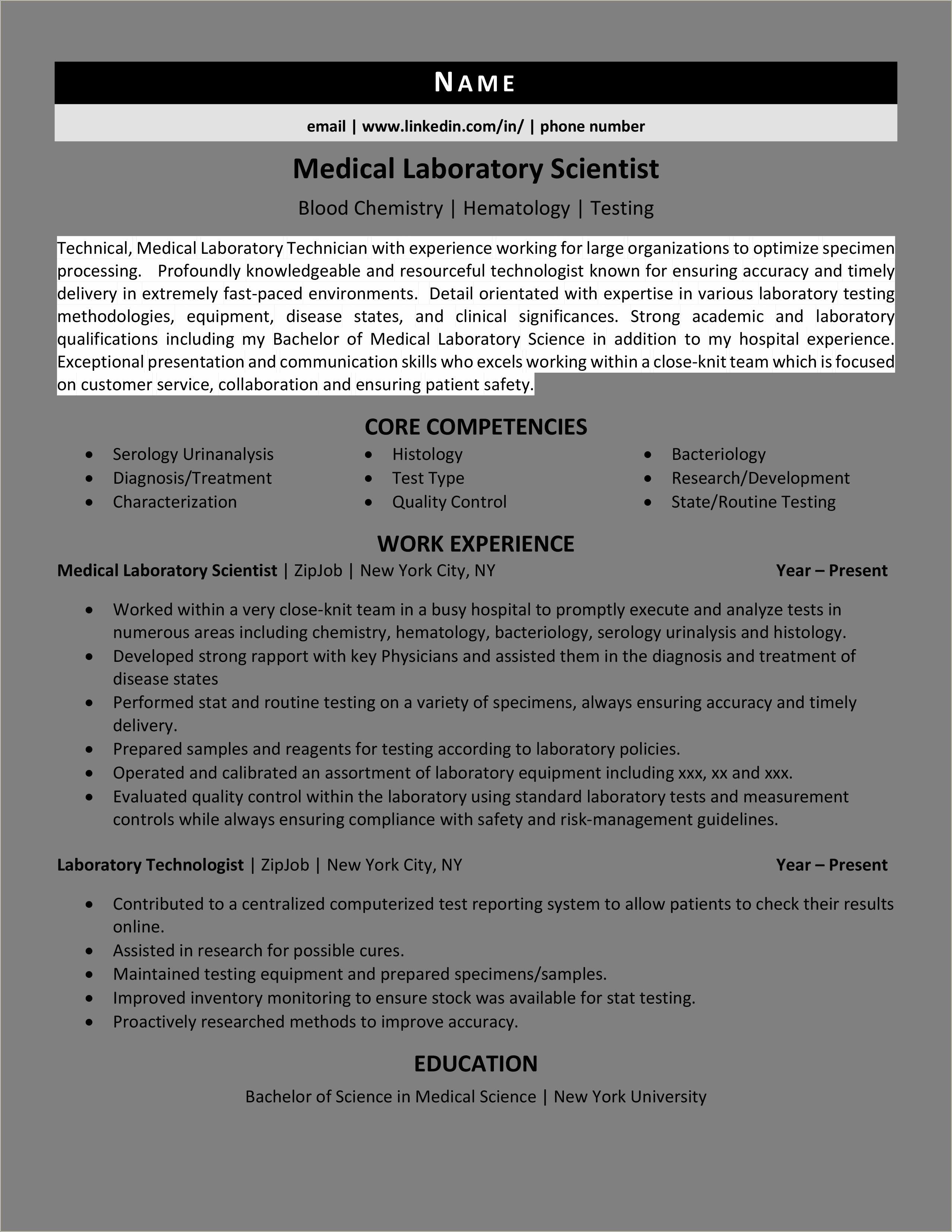 Sample Resume Of Health Technician Laboratory