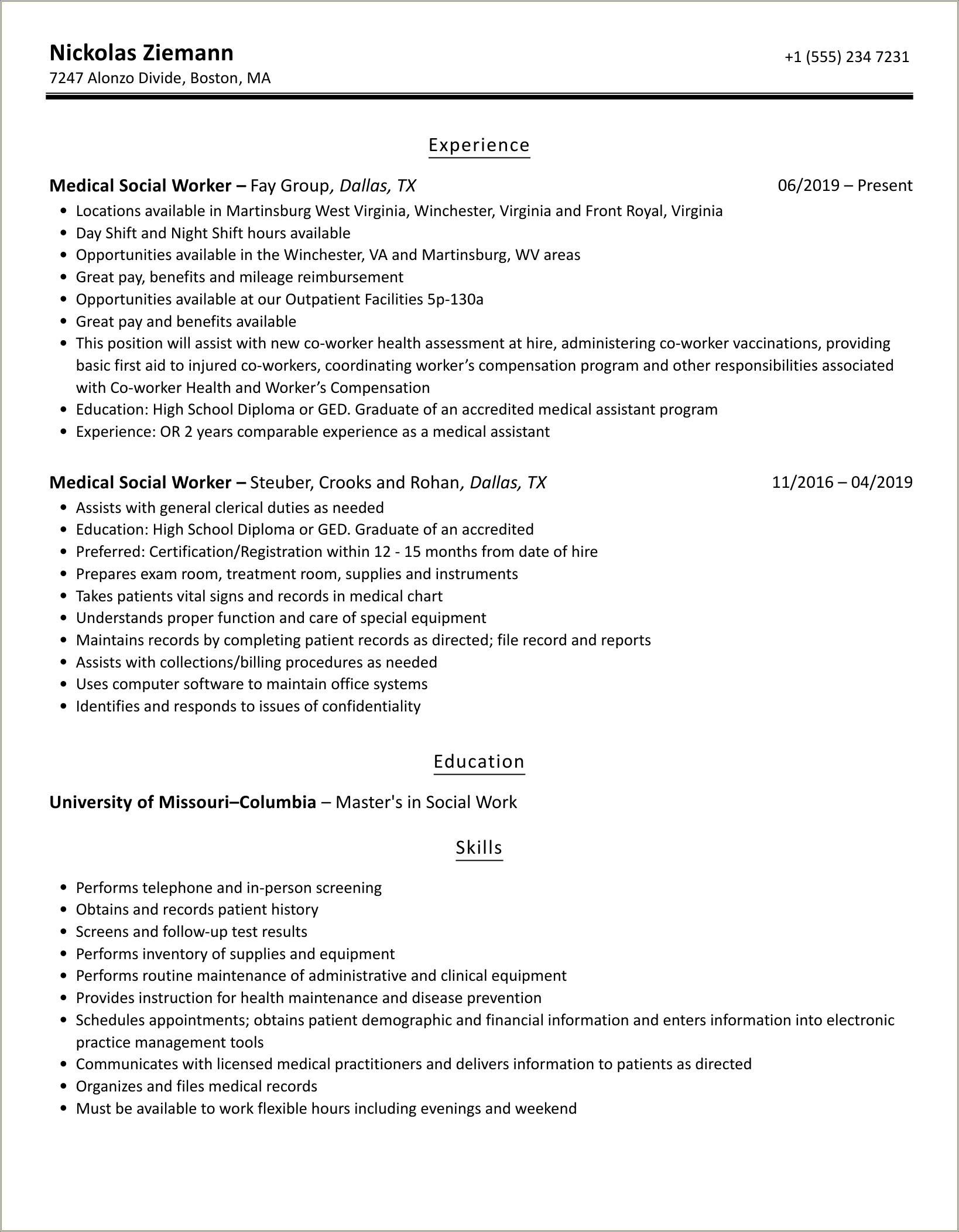 Sample Resume Of Hospital Social Worker