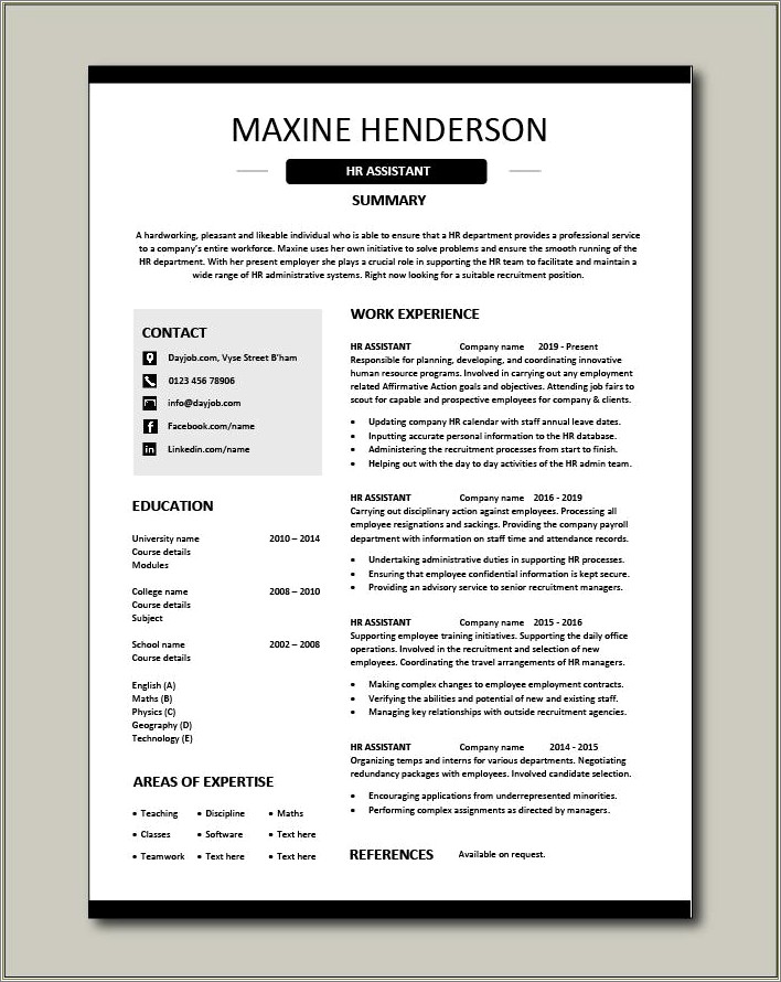 Sample Resume Of Hr Assistant Usa Pattern Resumes