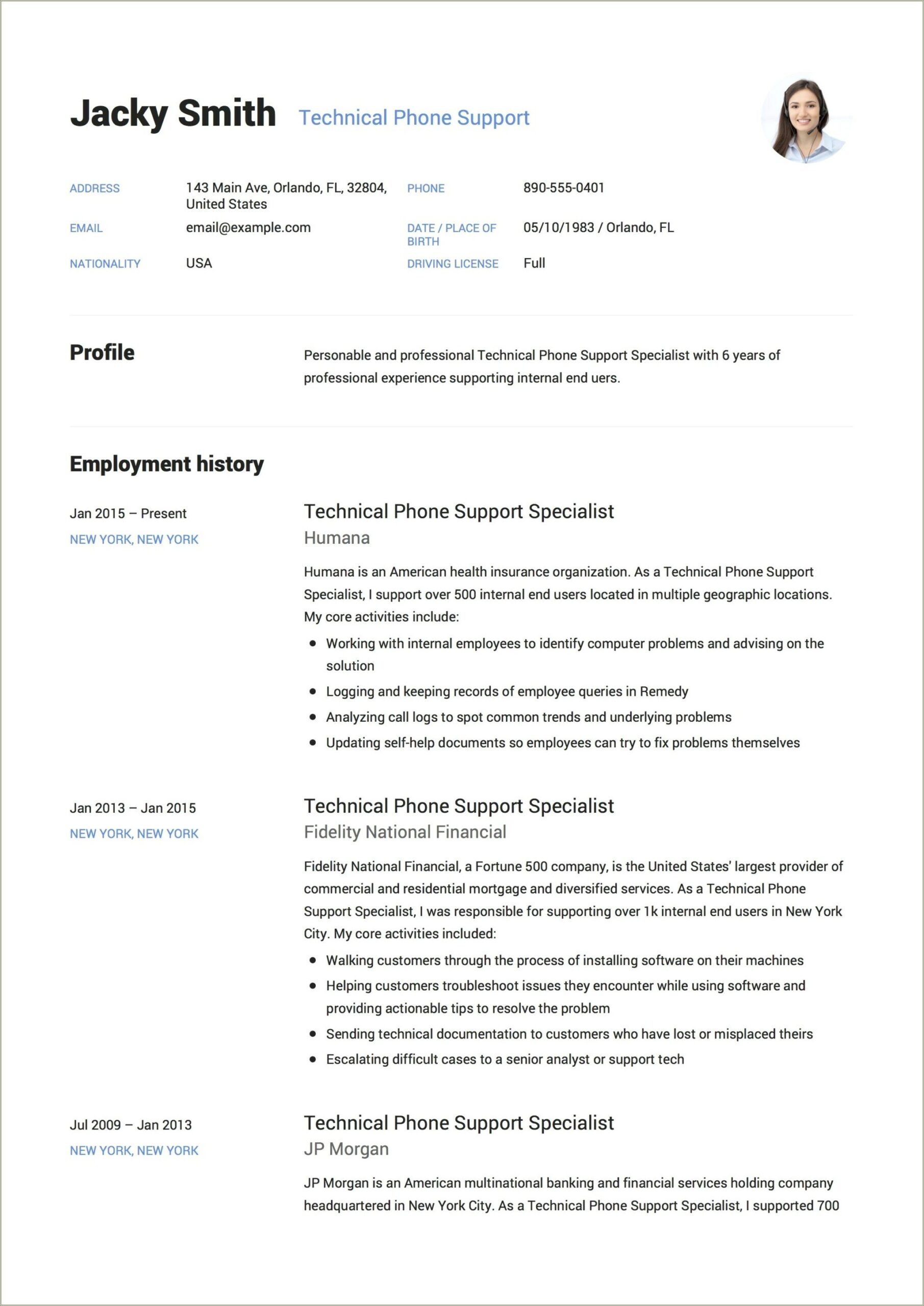 Sample Resume Of It Technical Support