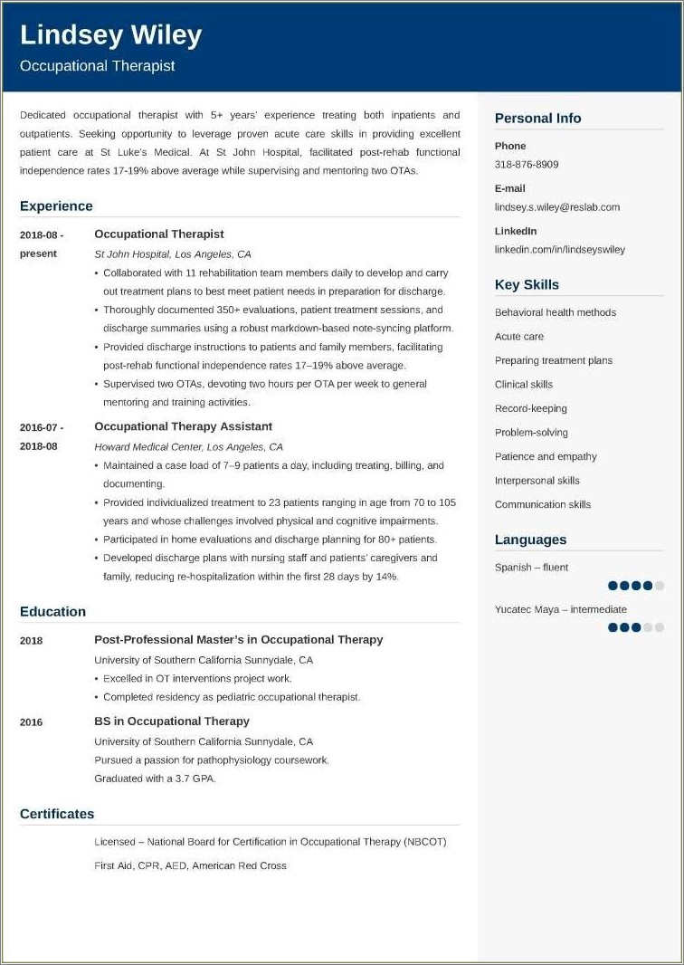 Sample Resume Of Occupational Therapy Assistant