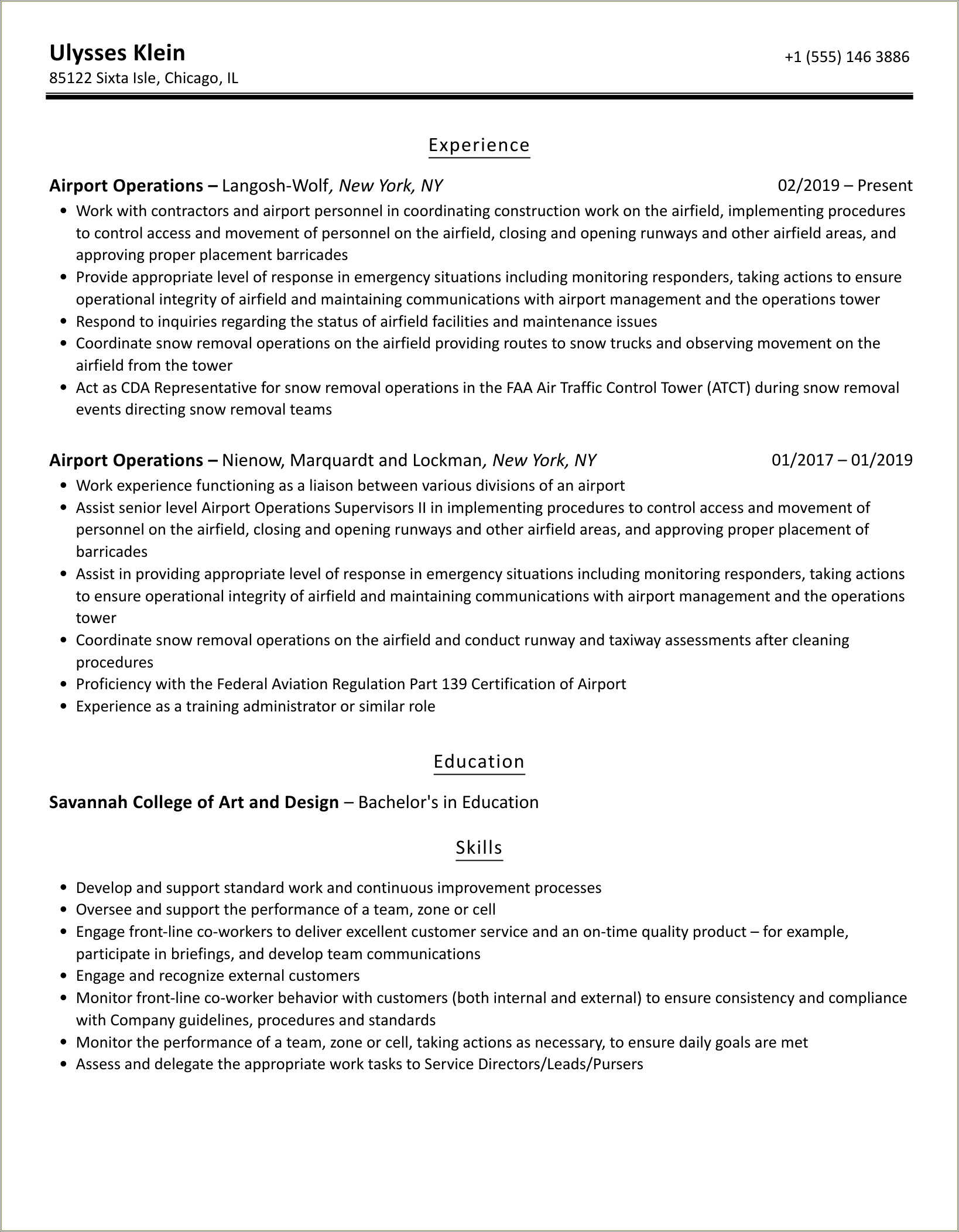 Sample Resume Of Ops Position For Airline