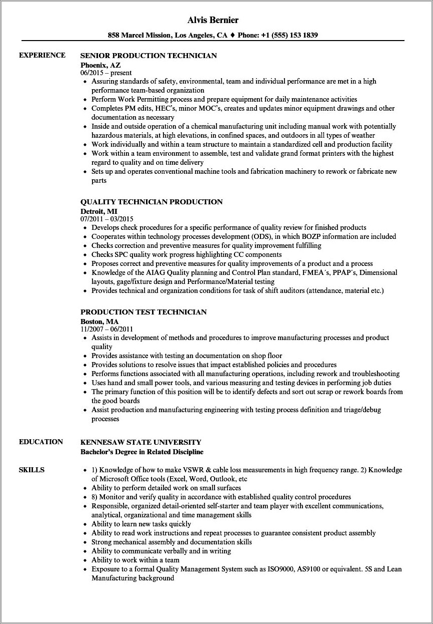Sample Resume Of Production Line Technician