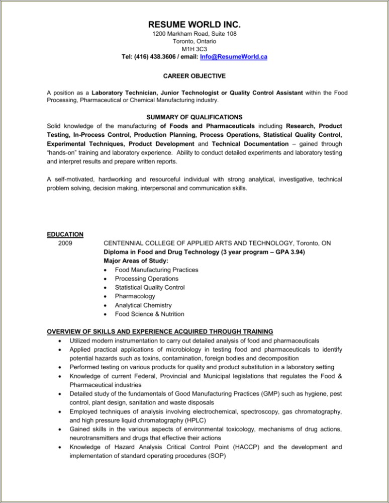 Sample Resume Of Qc In Pharma Industry