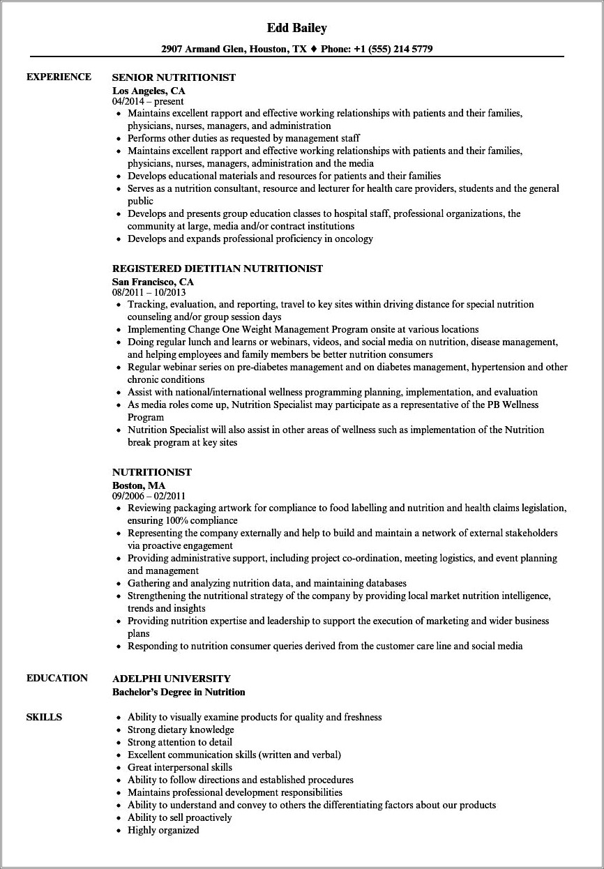 Sample Resume Of Registered Nutritionist Dietitian