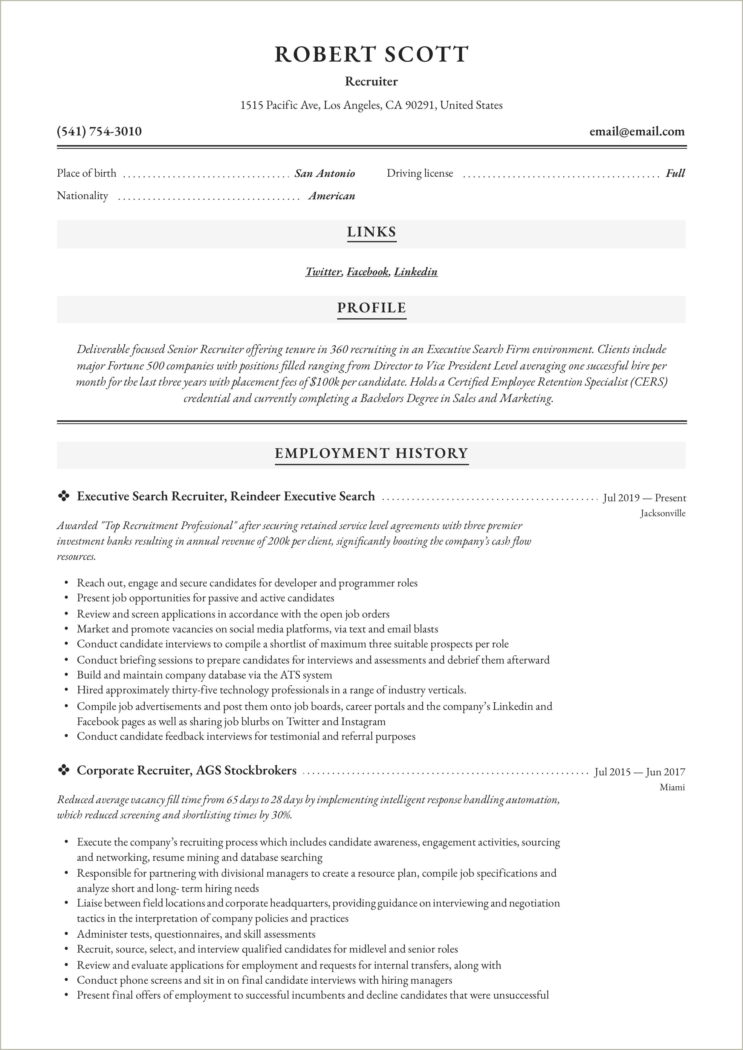 Sample Resume Of Senior It Recruiter