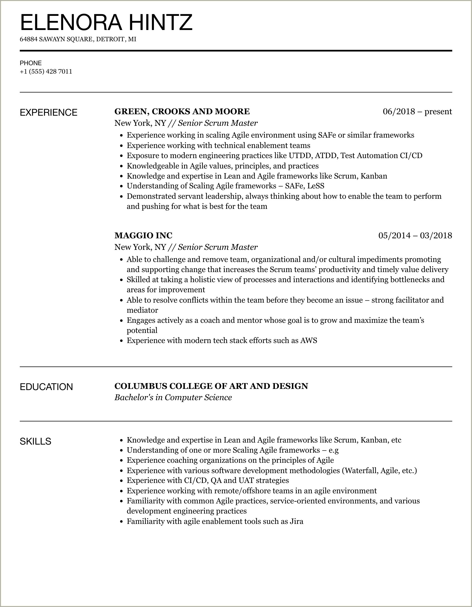 Sample Resume Of Senior Scrum Master