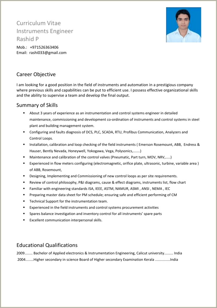 Sample Resume Of Sr Instrumentation Engineer