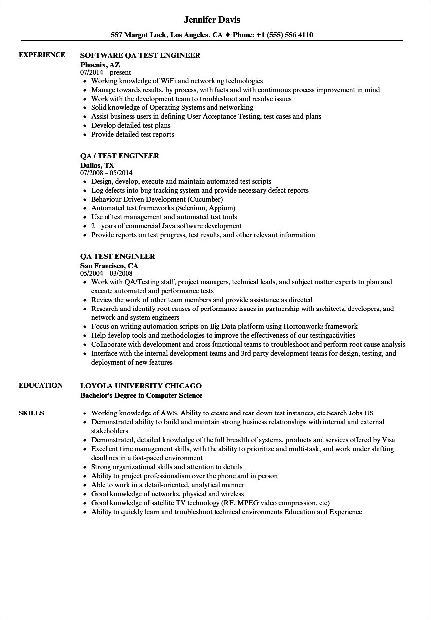 Sample Resume On 8 Years Experience In Qa